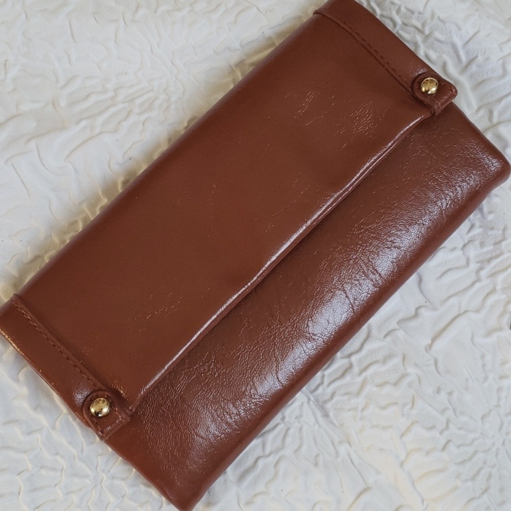 Trifold Womens Wallet Caramel brown soft faux leather.